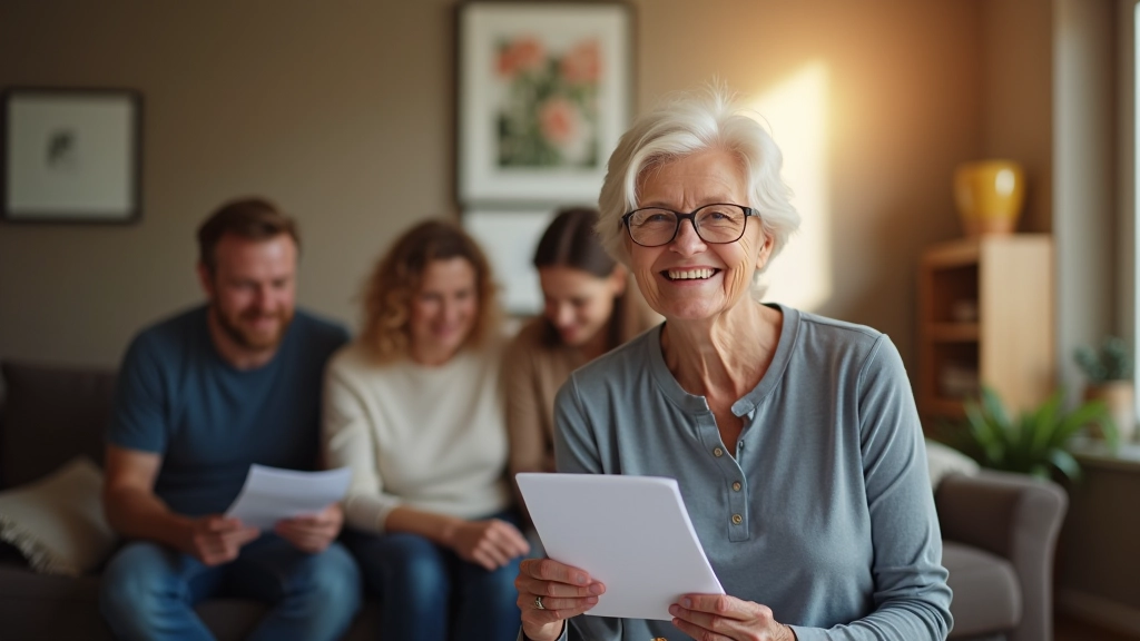 Seniorin sitzt lachend mit ihrer Familie im Wohnzimmer