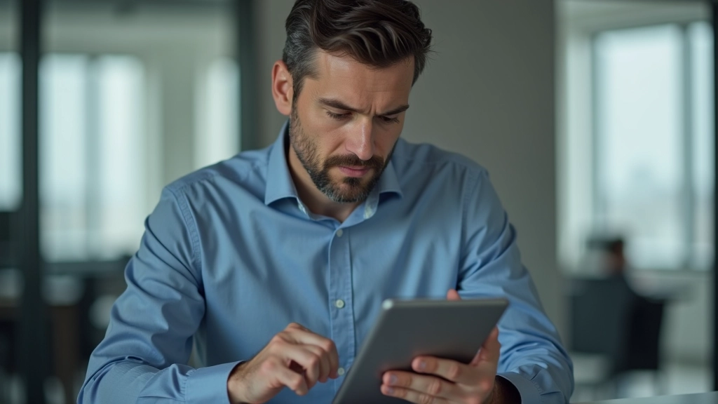 Arbeitnehmer mit Tablet, der einen Tarifvertrag online überprüft