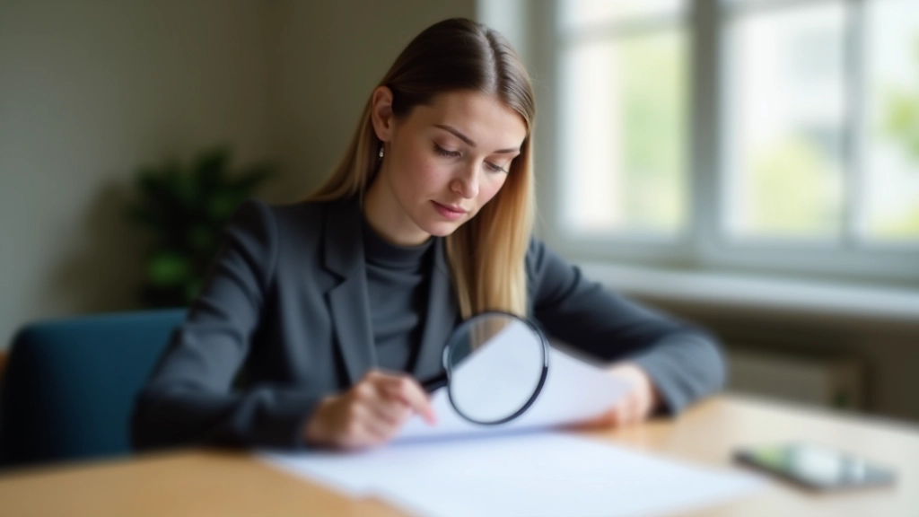 Person beim Überprüfen von Vertragsdokumenten am Schreibtisch mit Lupe und Notizbuch